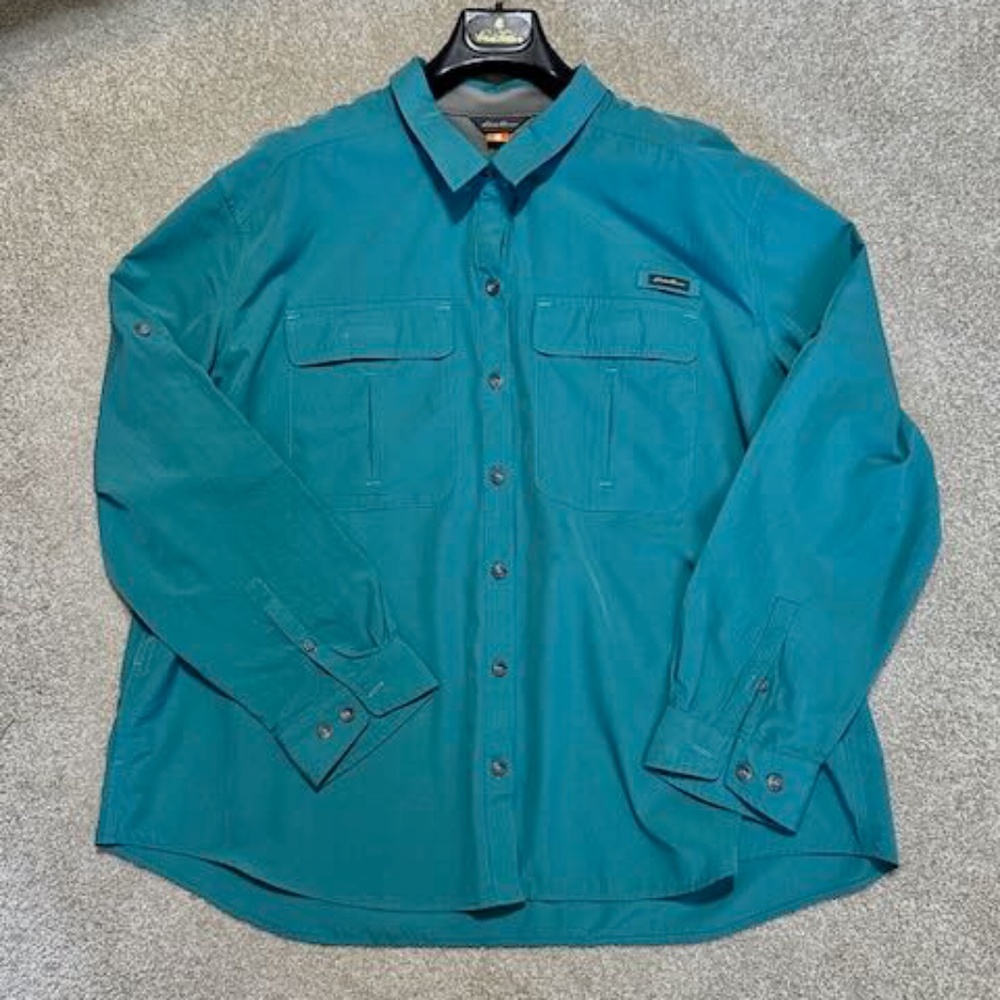 Eddie Bauer Women UPF Guide Vented Long Sleeve Roll Tab Shirt Teal Plus 2X